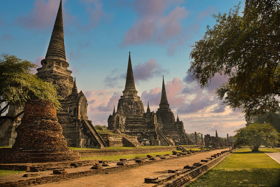 Ayutthaya historical park with Buddha statues and temple ruins
