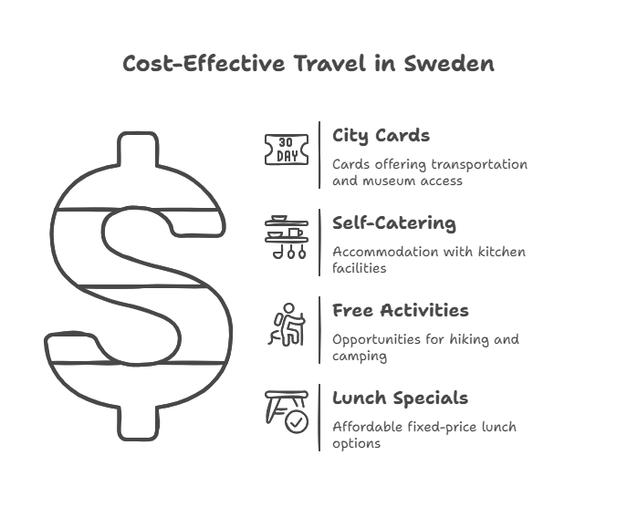 Infographic showing budget travel tips for Sweden, including city cards, self-catering, free activities, and lunch specials.