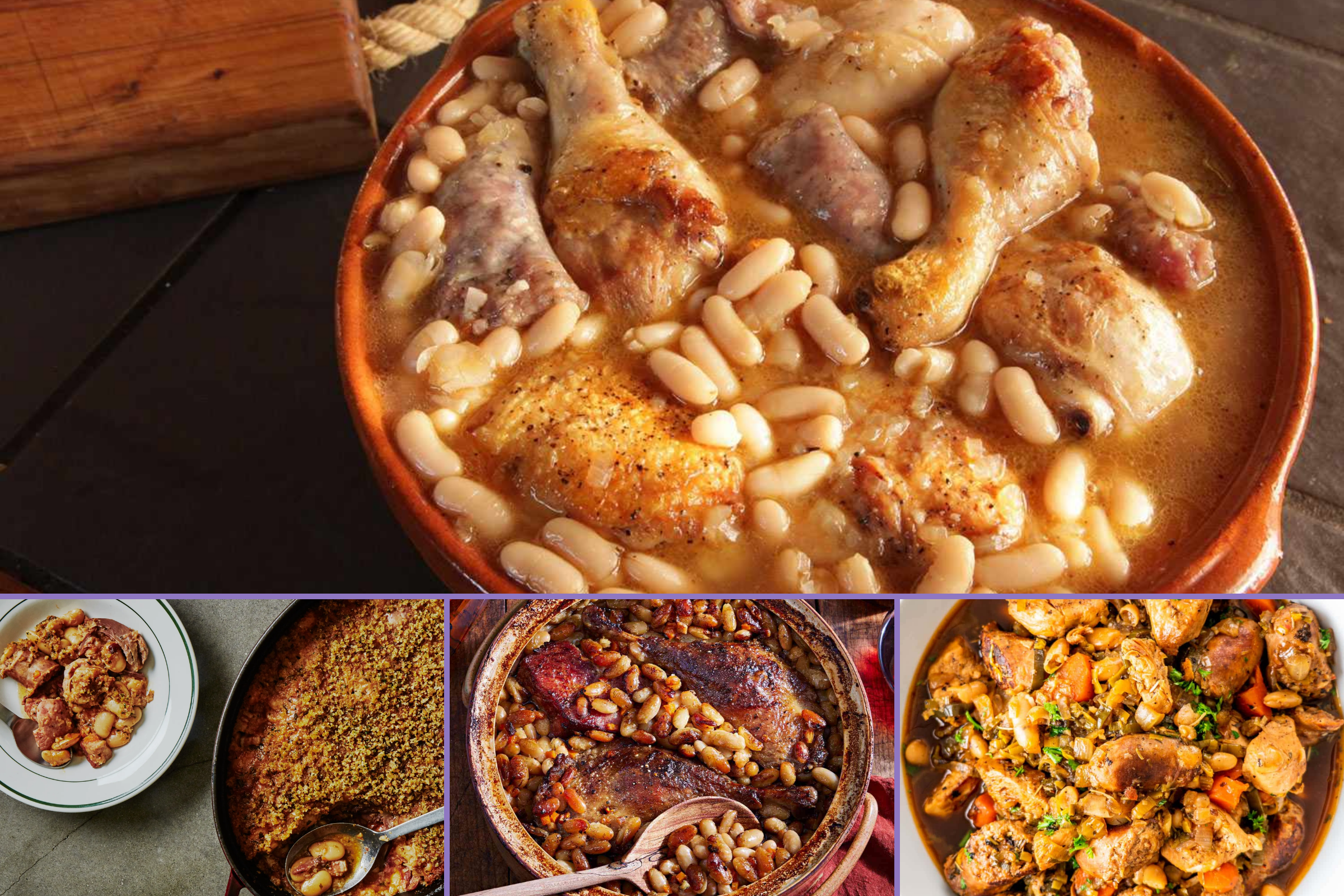 Traditional French Cassoulet with white beans, sausage, duck confit, and a golden-brown crust. Best local food to try in France