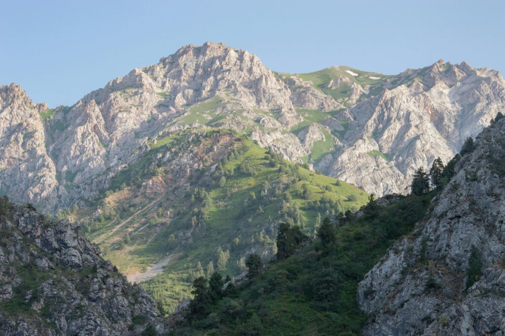 Scenic view of the Chimgan Mountains in Uzbekistan with snow-capped peaks and lush valleys