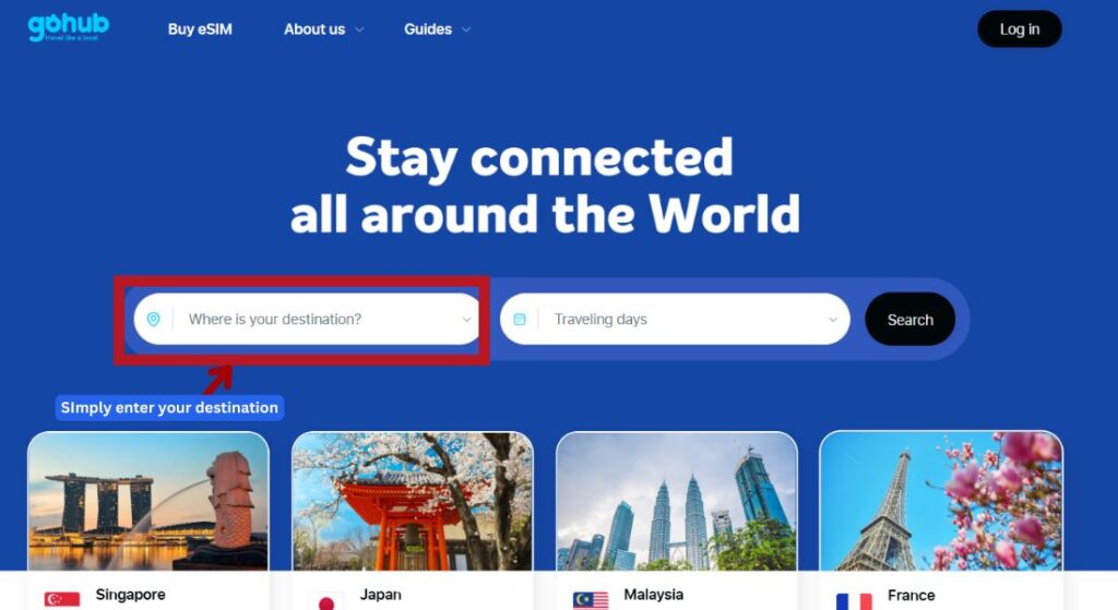 GoHub webpage showing the destination search bar with "Destination" selected to find eSIM plans.