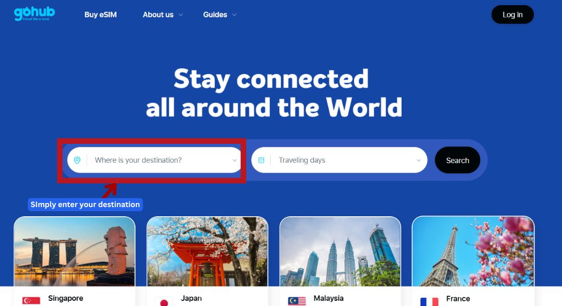 GoHub webpage showing the destination search bar with "Destination" selected to find eSIM plans.