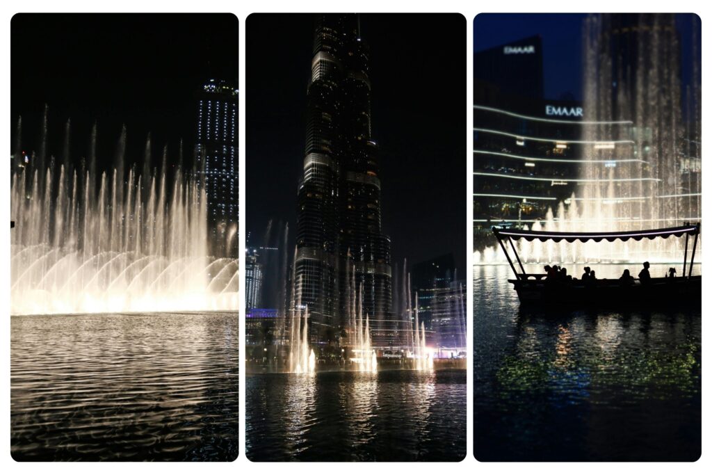 Dubai Fountain show at night, one of the best places to visit in Dubai for free entertainment