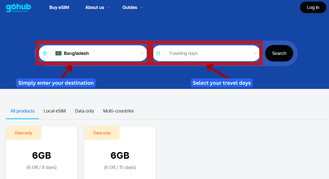 GoHub webpage showing the destination search bar with "Bangladesh" selected to find eSIM plans.