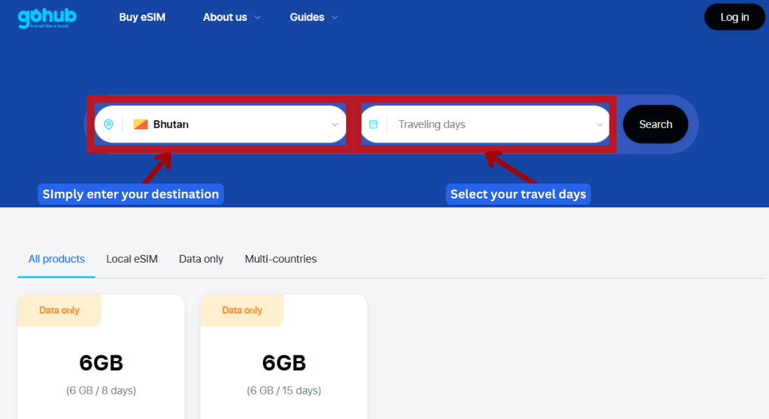 GoHub webpage showing the destination search bar with "Bhutan" selected to find eSIM plans.