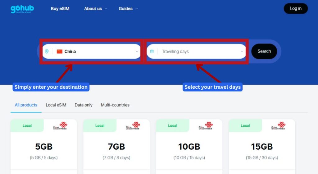 GoHub webpage showing the destination search bar with "China" selected to find eSIM plans.