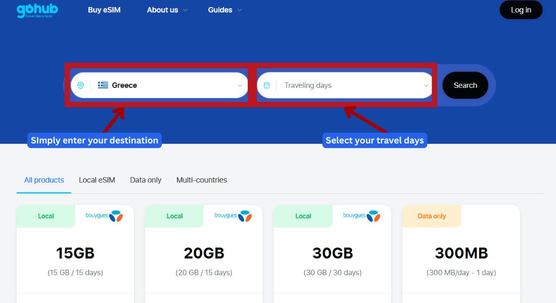 GoHub webpage showing the destination search bar with "Greece" selected to find eSIM plans.