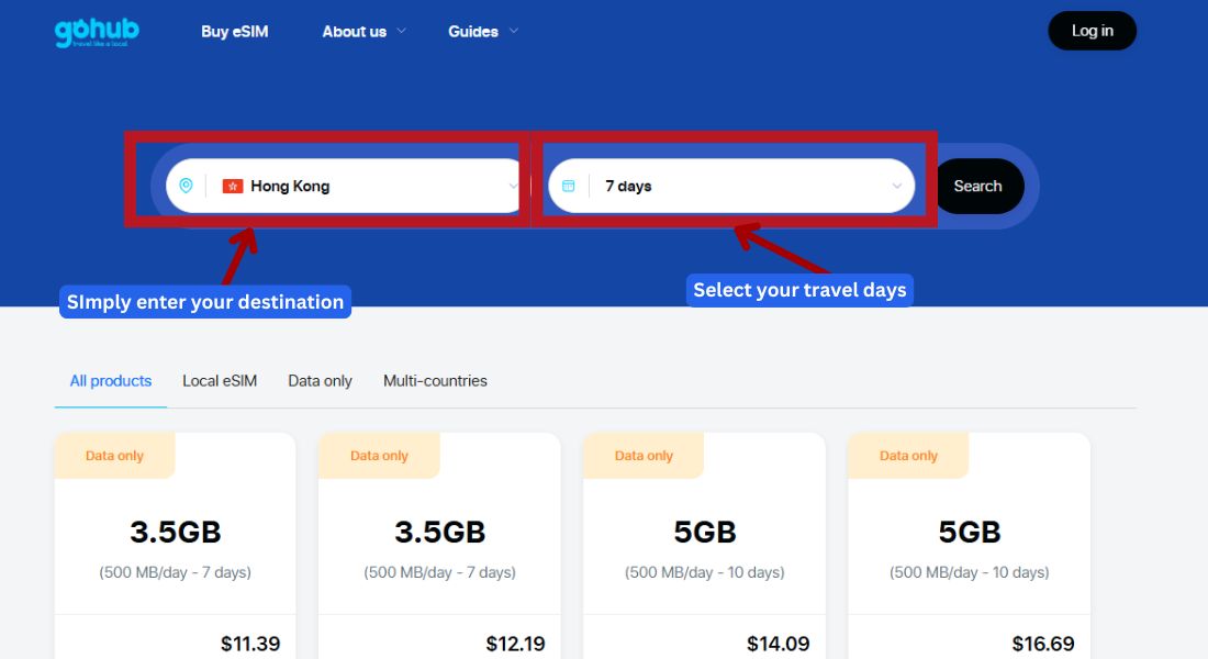 GoHub webpage showing the destination search bar with "Hong Kong" selected to find eSIM plans.