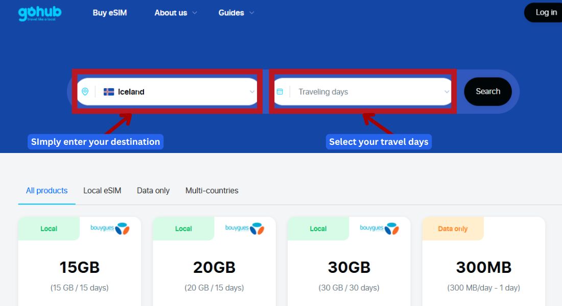 GoHub webpage showing the destination search bar with "Iceland" selected to find eSIM plans.