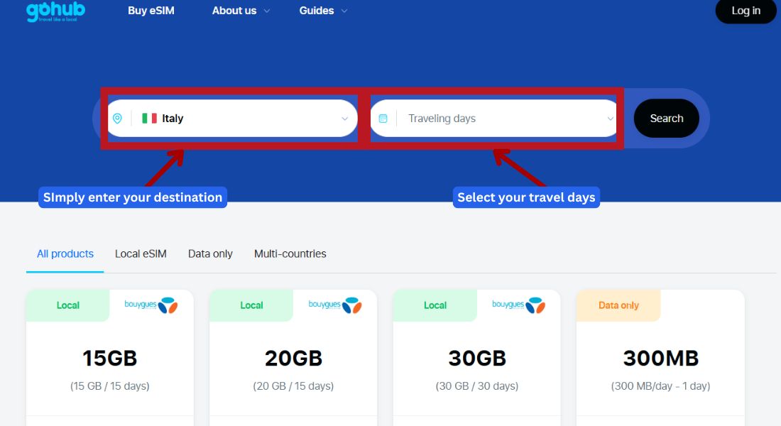 GoHub webpage showing the destination search bar with "Italy" selected to find eSIM plans.