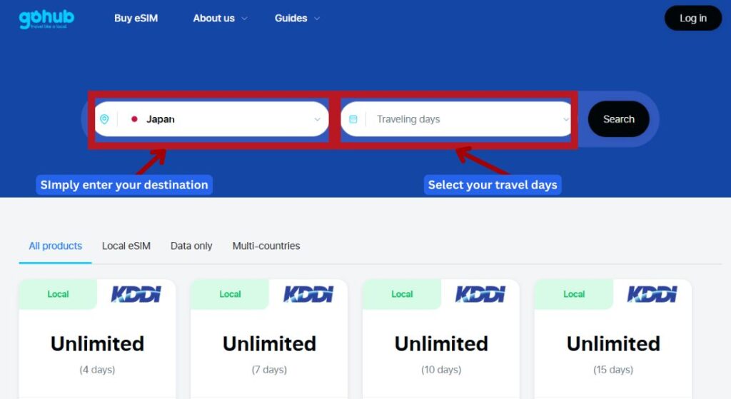 Screenshot of the GoHub eSIM webpage, highlighting the destination input field with "Japan" selected, illustrating how users can easily search for eSIM data plans.