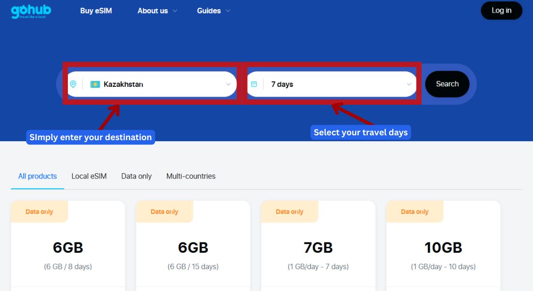 GoHub webpage showing the destination search bar with "Kazakhstan" selected to find eSIM plans.