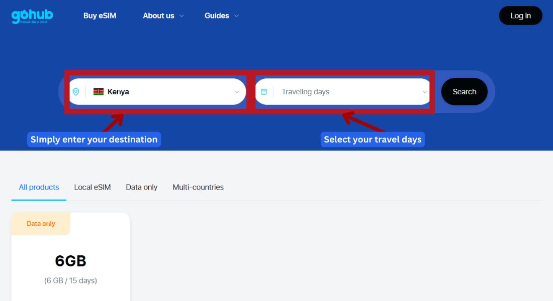 GoHub webpage showing the destination search bar with "Kenya" selected to find eSIM plans.