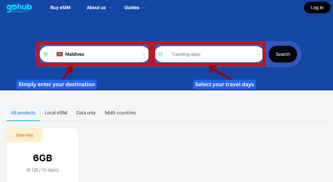 gohub eSIM tutorial showing how to select a destination and travel duration and various eSIM data plans shown below.