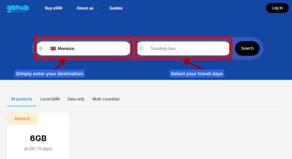 GoHub webpage showing the destination search bar with "Morocco" selected to find eSIM plans.