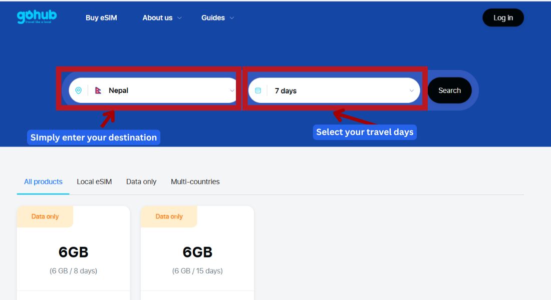 GoHub webpage showing the destination search bar with "Nepal" selected to find eSIM plans.