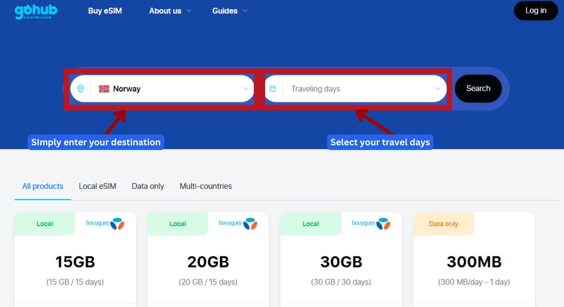 GoHub webpage showing the destination search bar with "Norway" selected to find eSIM plans.