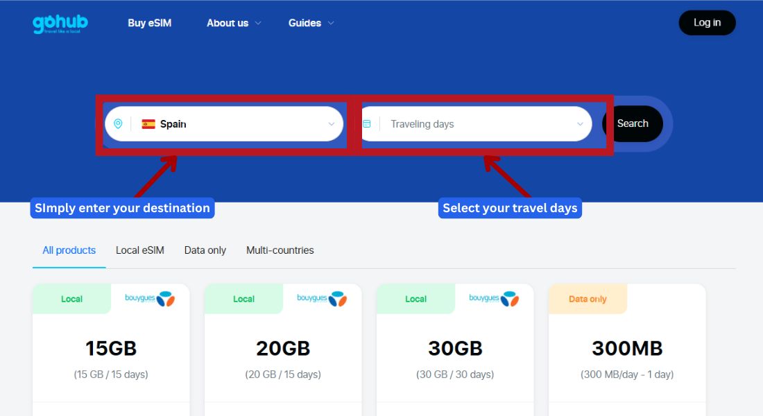 GoHub webpage showing the destination search bar with "Spain" selected to find eSIM plans.
