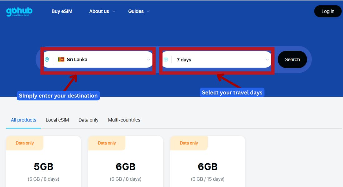 GoHub webpage showing the destination search bar with "Sri Lanka" selected to find eSIM plans.