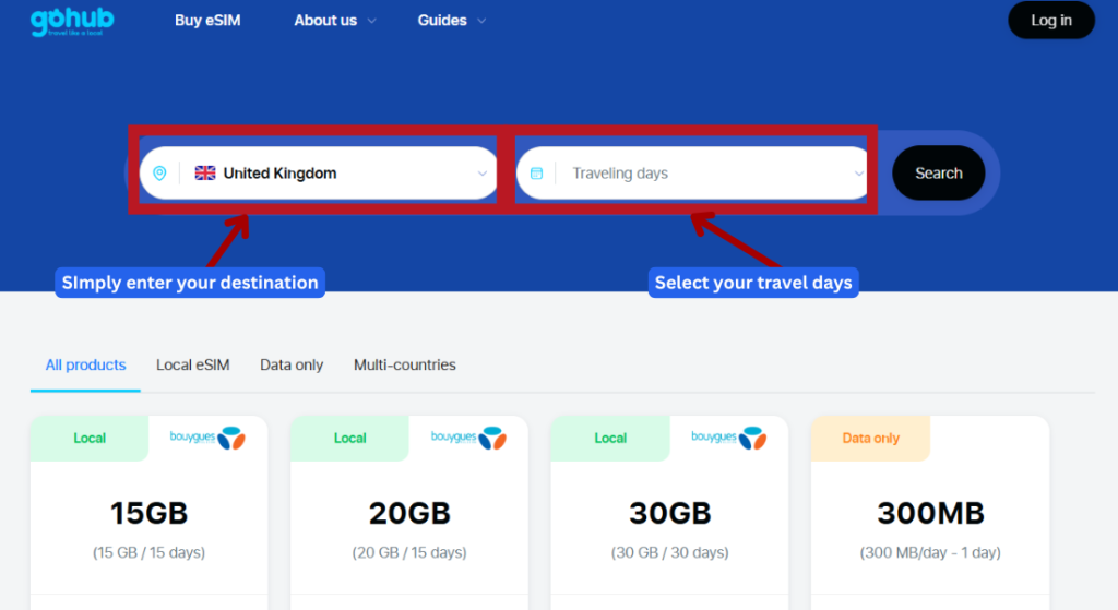GoHub webpage showing the destination search bar with "United Kingdom" selected to find eSIM plans.