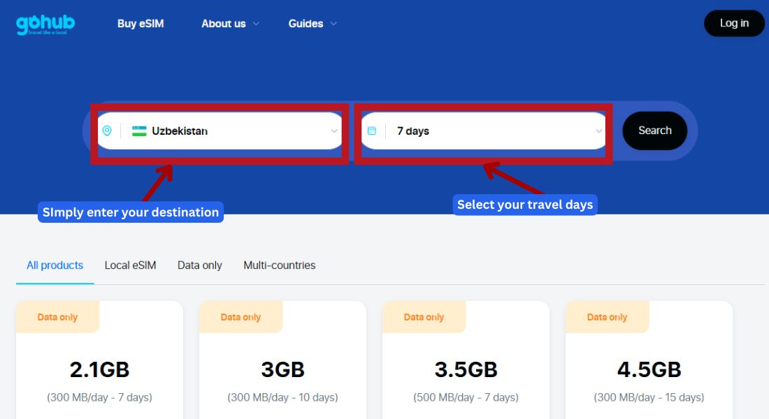 GoHub webpage showing the destination search bar with "Uzbekistan" selected to find eSIM plans.