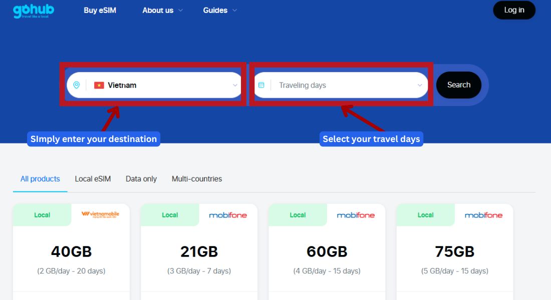 GoHub webpage showing the destination search bar with "Vietnam" selected to find eSIM plans.