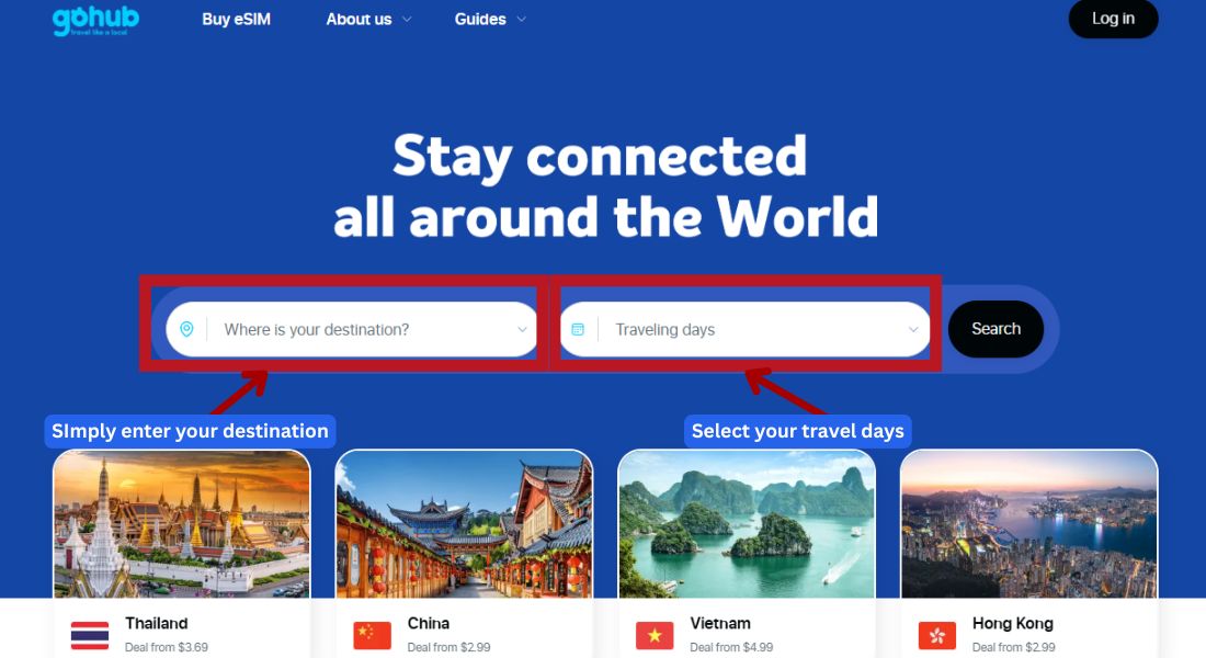 GoHub webpage showing the destination search bar with "Destination" selected to find eSIM plans.