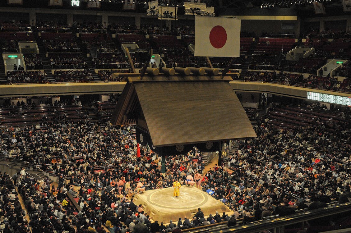 Grand Sumo Tournament in Japan featuring sumo wrestlers in traditional mawashi competing in a packed arena with cheering audience