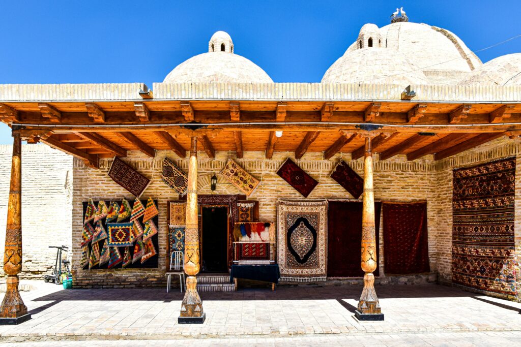 Handmade Carpets on Store Wall in Town in Uzbekistan

