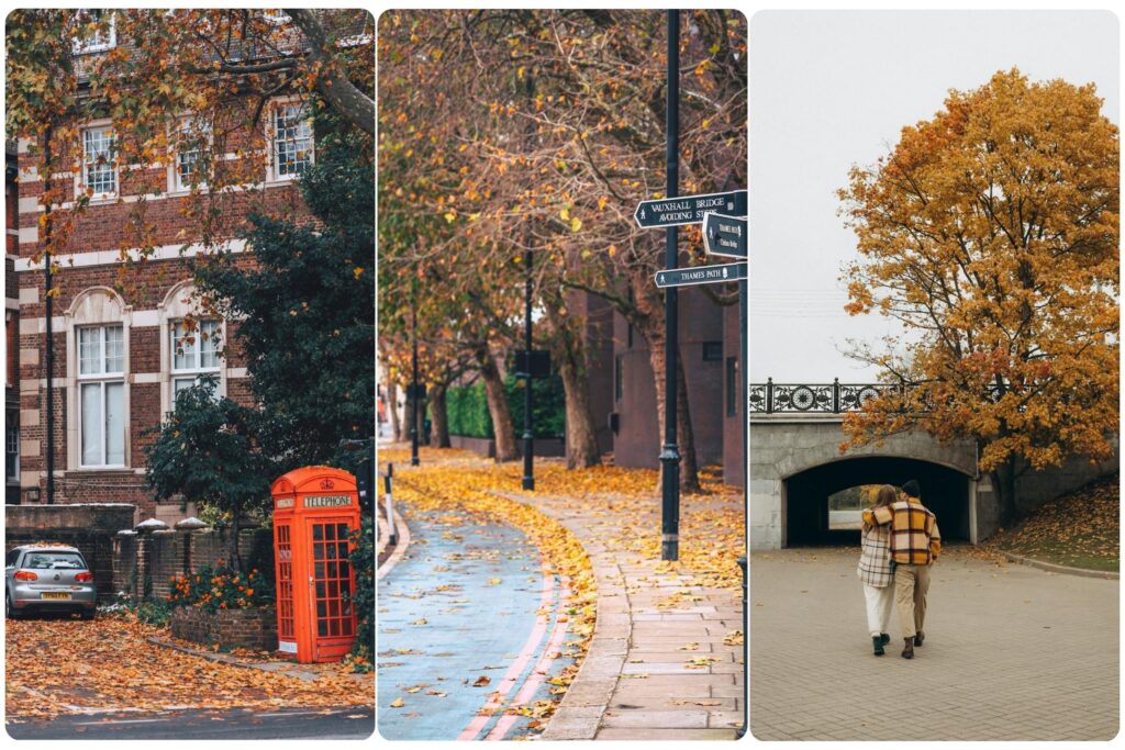 London street in autumn showing seasonal considerations when choosing the best places to stay in London