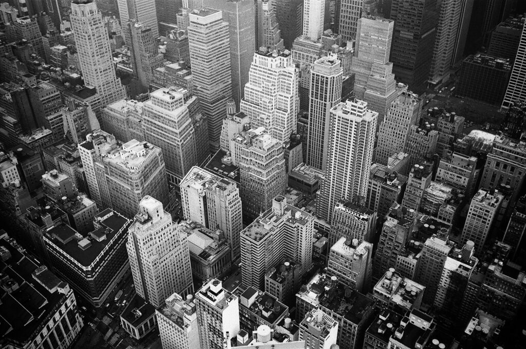 Aerial view of New York City skyline with iconic skyscrapers, Central Park