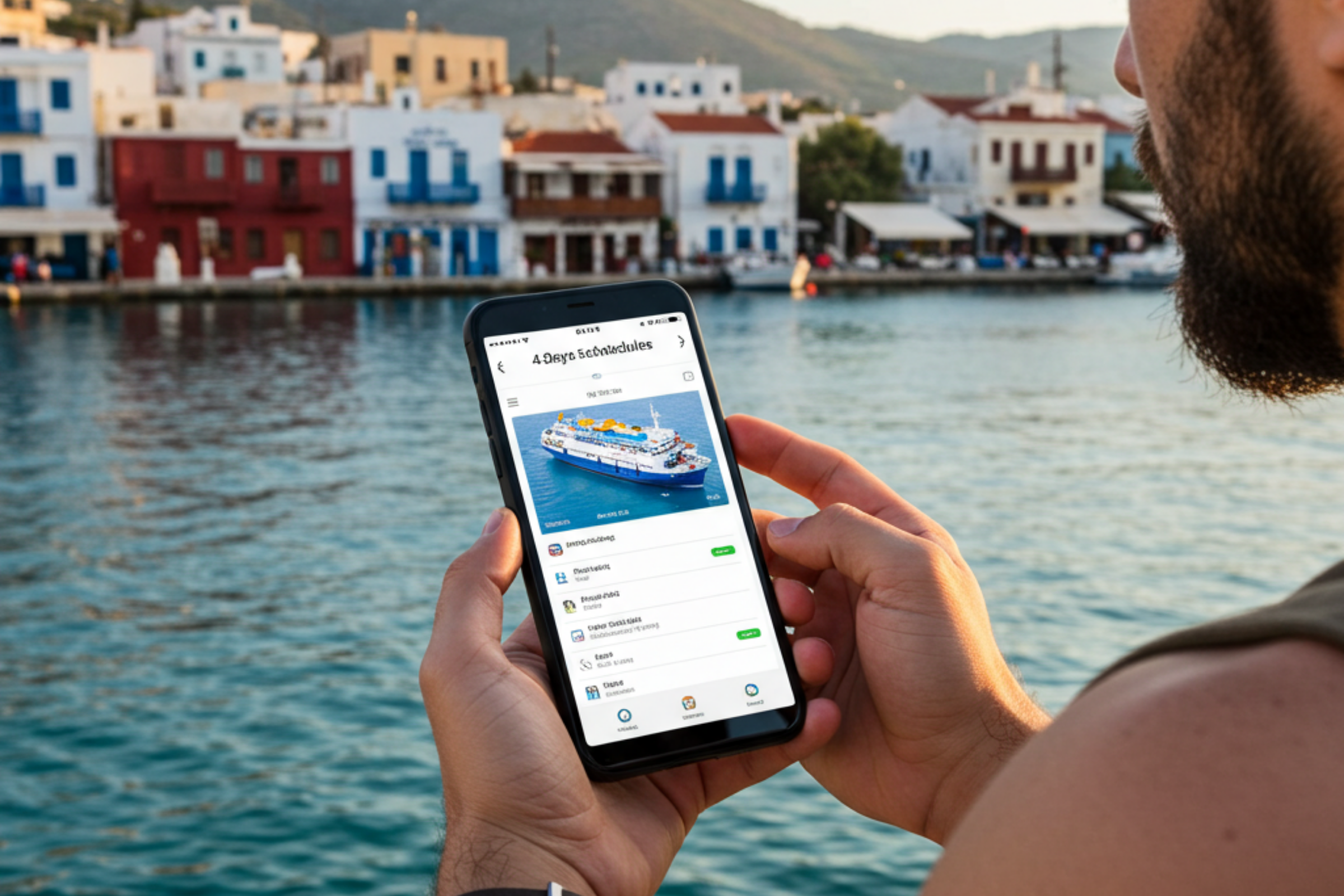 Traveler checking Greek island ferry schedules during a 4-5 day itinerary