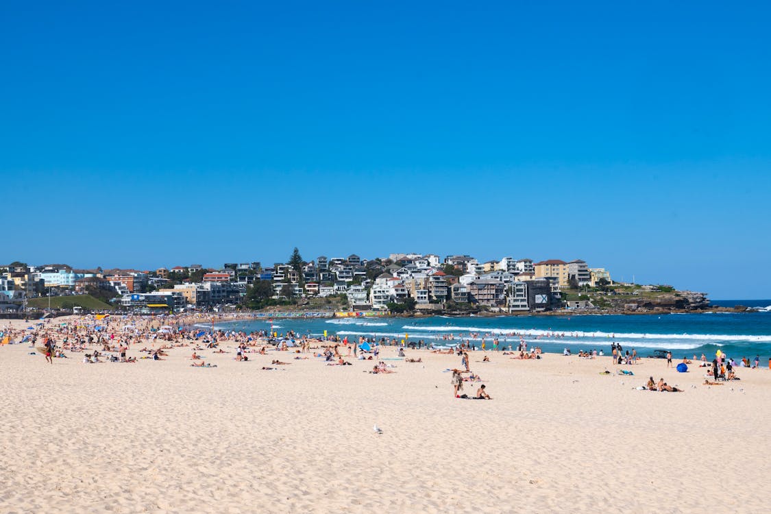Sunlit day at Bondi Beach with a large crowd of people enjoying the surf, sand, and vibrant beach atmosphere