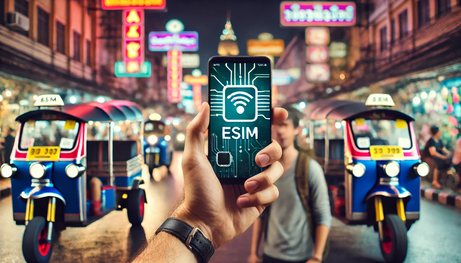 Traveler using Gohub eSIM to navigate the best places to stay in Bangkok on smartphone map
