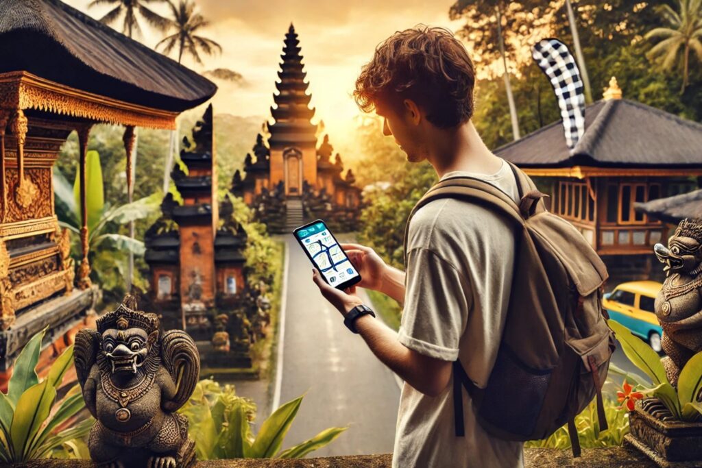 traveler using Gohub eSIM to navigate the best places to stay in Bali on smartphone map