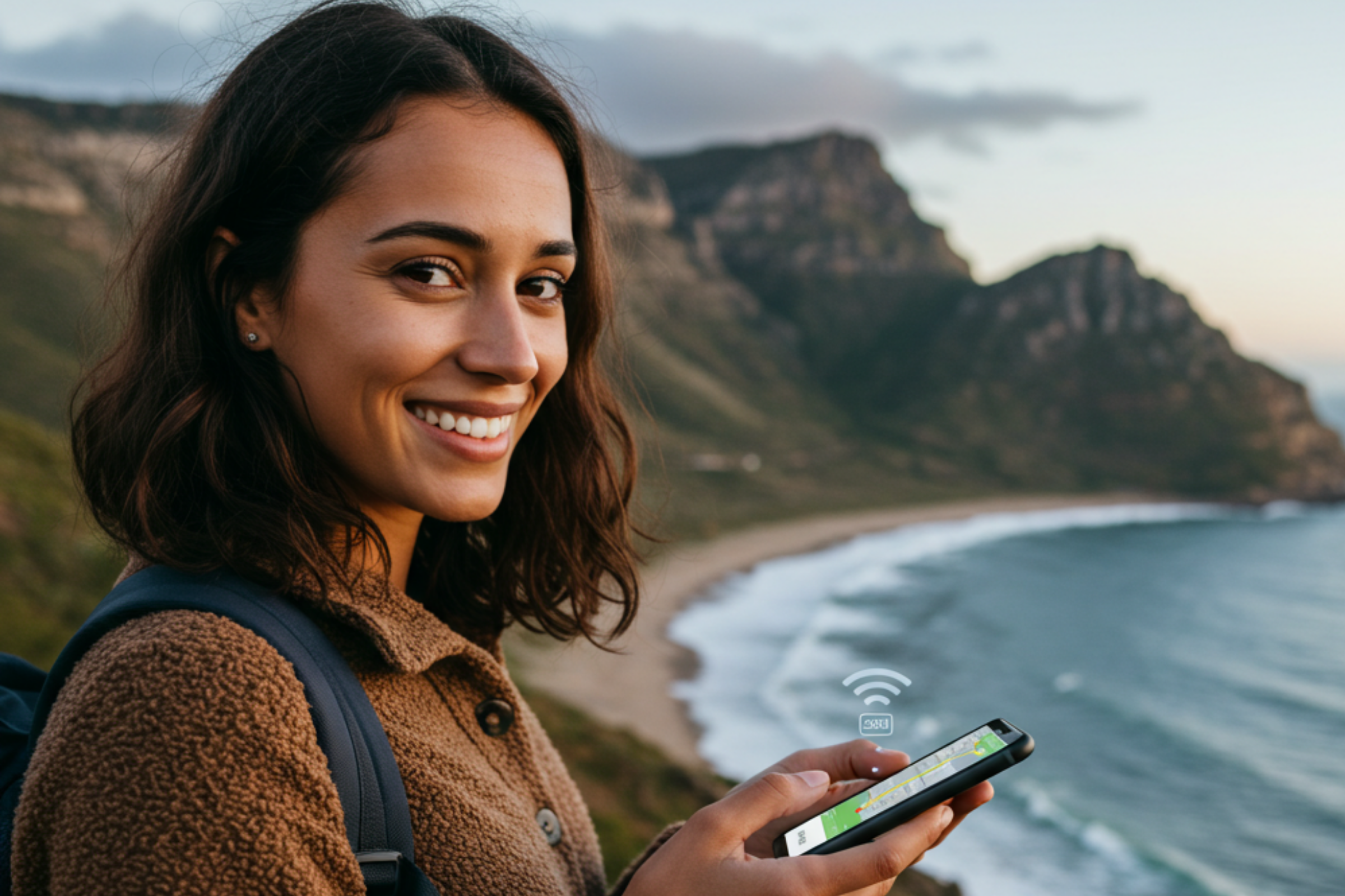 Traveler using Gohub eSIM to navigate the best places to visit in South Africa on smartphone map