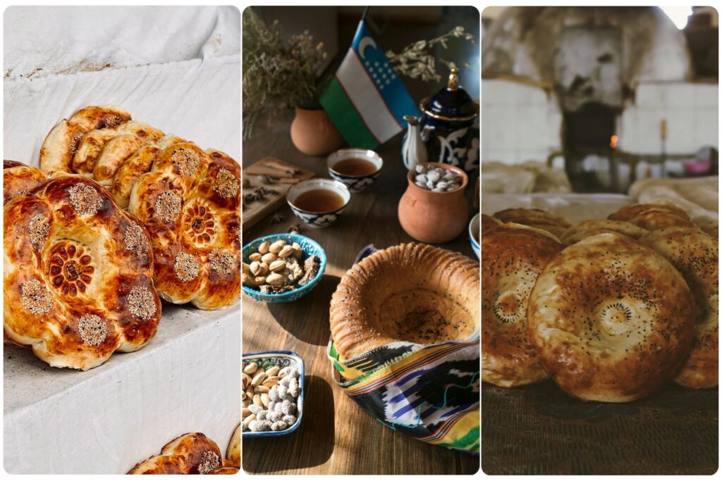 Traditional Uzbek bread varieties including non and patyr served with tea and nuts in a cultural setting with Uzbekistan flag