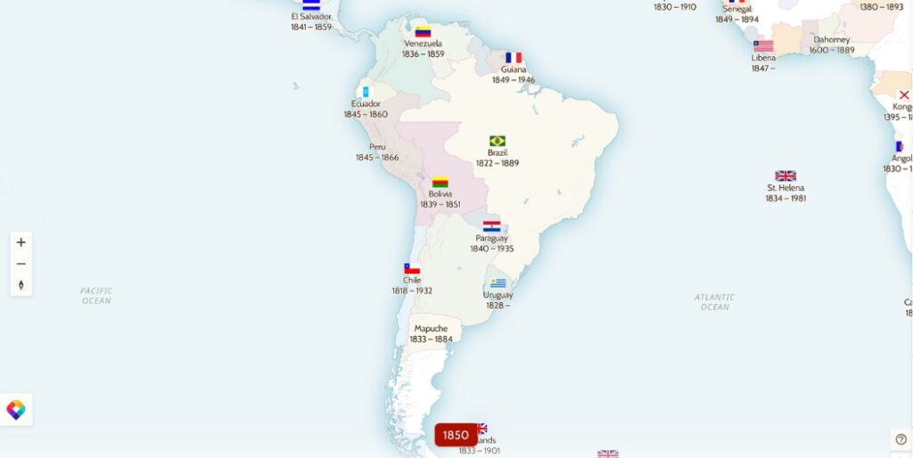Historical map of South America in 1850 showing country boundaries, colonial territories, and occupation periods, including Brazil (1822–1889), Peru (1845–1866), Bolivia (1839–1851), Chile (1818–1932), and surrounding regions with labels and flags