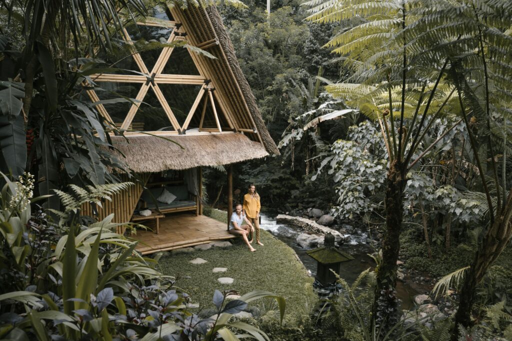 Eco-friendly bamboo house accommodation in Bali, offering unique places to stay in Bali surrounded by nature