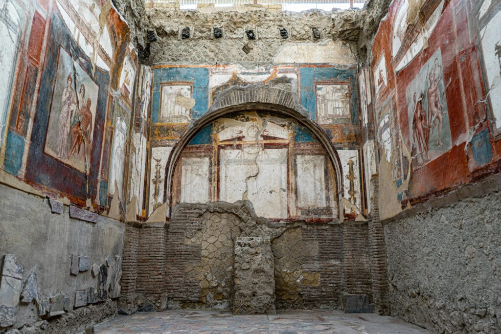 Well-preserved ruins of Herculaneum, Italy, showcasing ancient Roman architecture, mosaics, and streets buried by Mount Vesuvius
