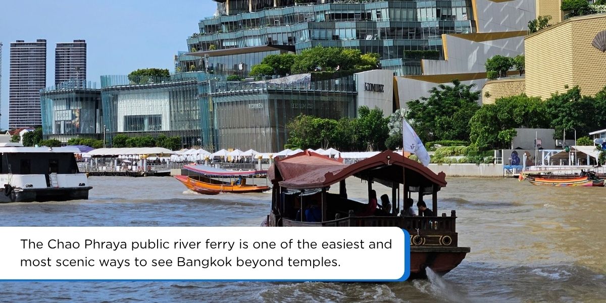 Chao Phraya river ferry in Bangkok with riverside buildings and city views