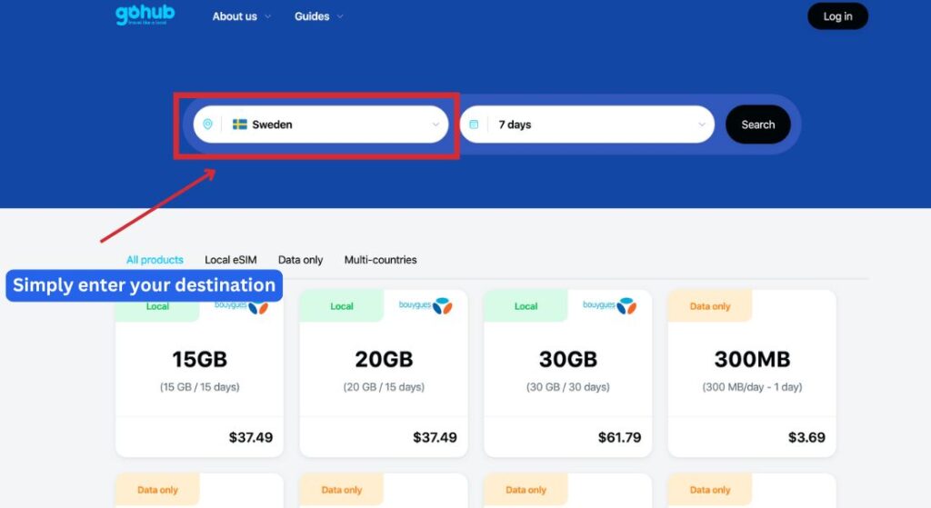 GoHub webpage showing the destination search bar with "Sweden" selected to find eSIM plans.