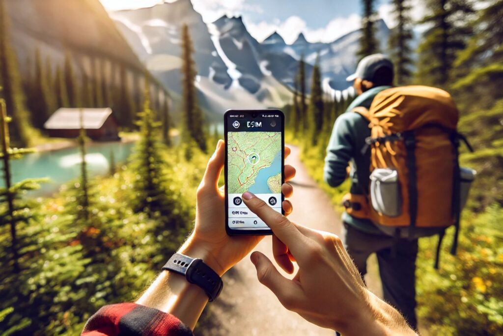 Traveler using Gohub eSIM to navigate hiking trails in one of the best places to visit in Canada