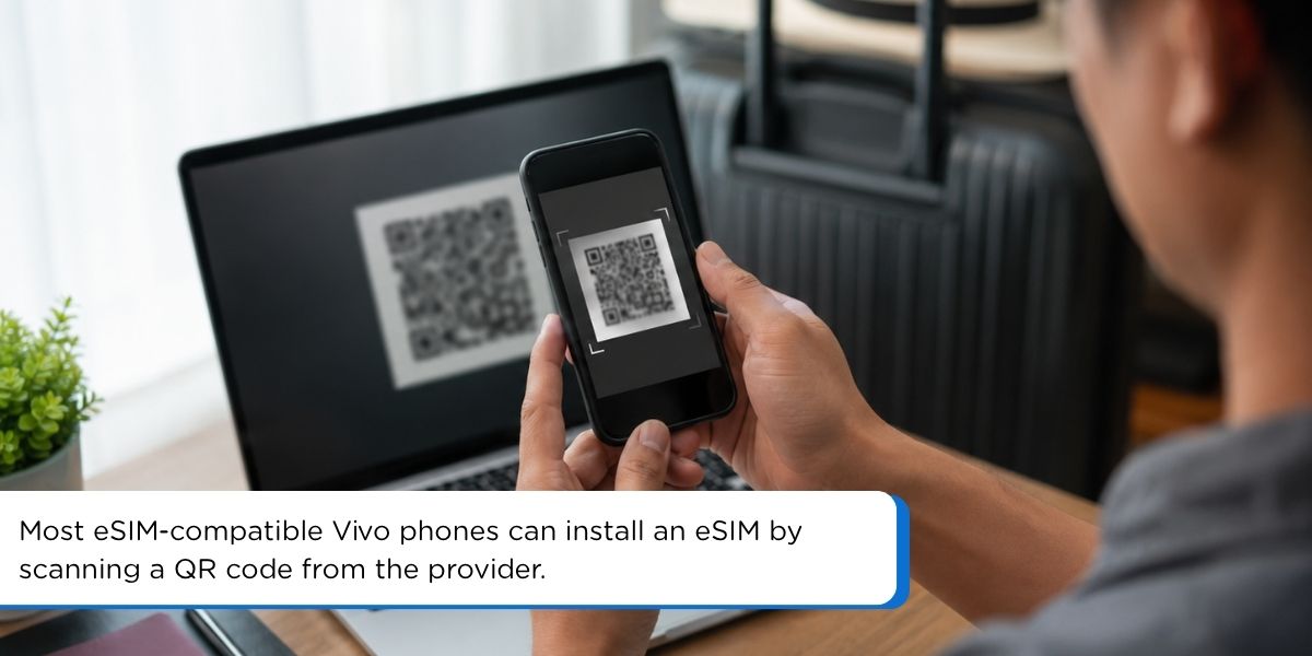 Traveler scanning an eSIM QR code from a laptop or second phone with an Android smartphone, clean desk setup, travel documents nearby, no readable QR details, no text overlay.