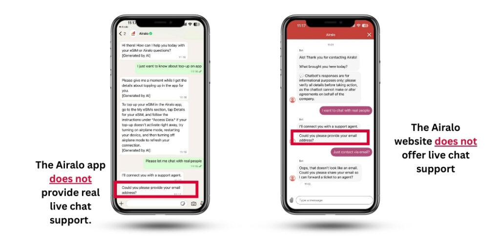 airalo app do not have live chat funtion