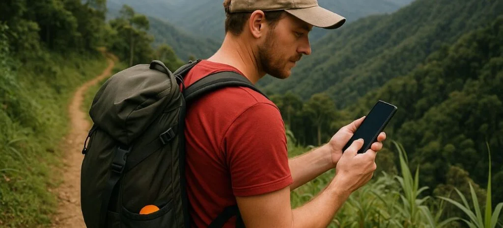 Hiker on Kokoda Trail with mobile hotspot via eSIM - best eSIM for Papua New Guinea