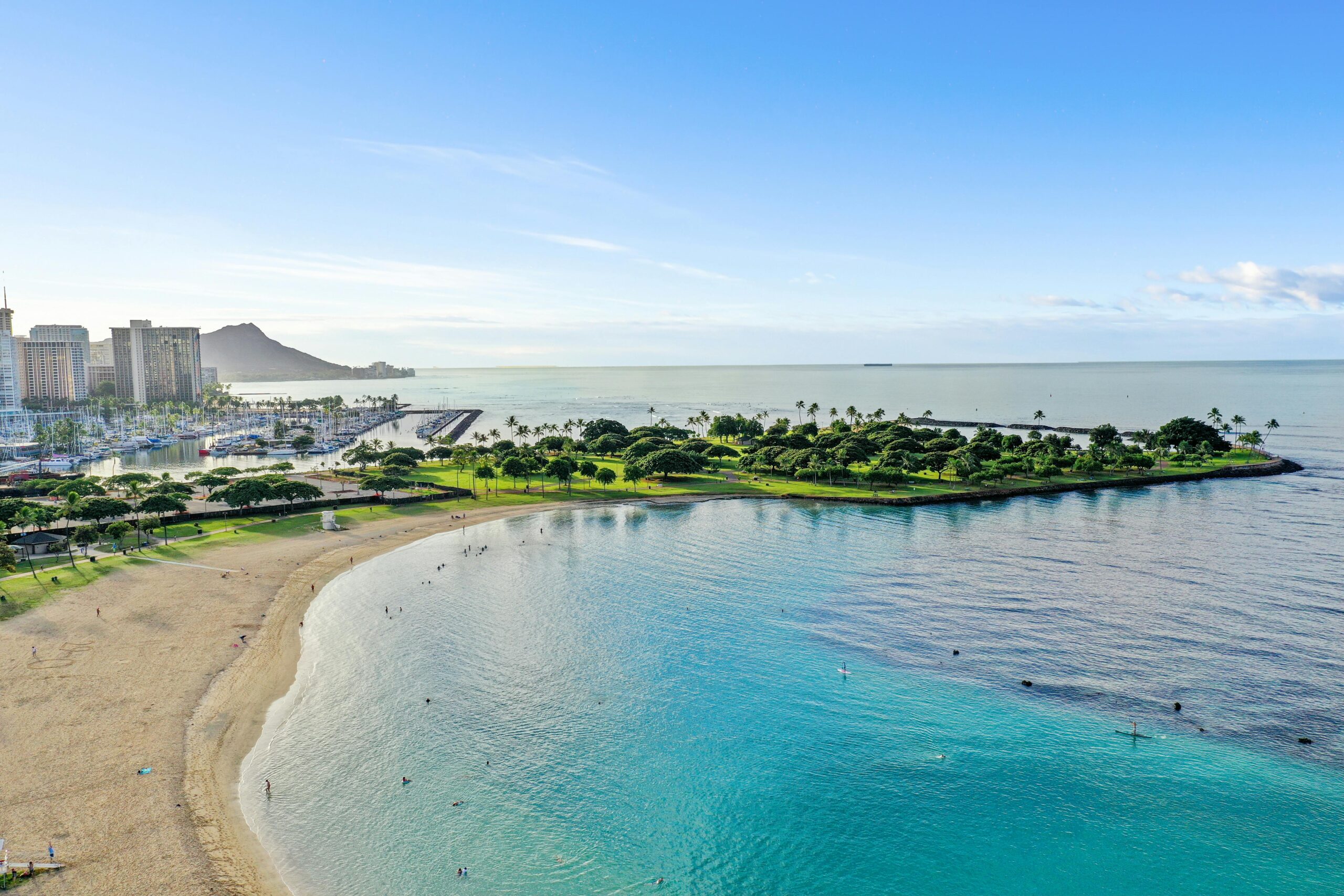 Ala Moana Beach Park is the best destination for families swimming and picnicking in Honolulu Oahu