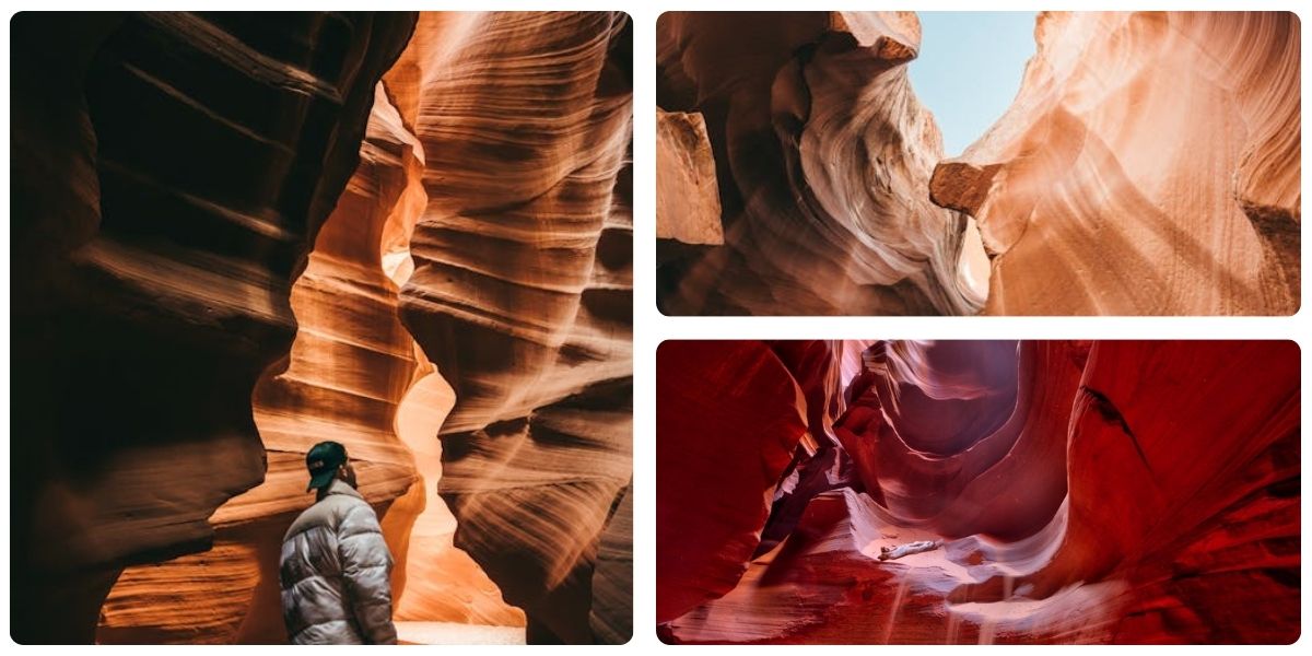 Traveler standing inside Antelope Canyon surrounded by narrow sandstone walls glowing with soft orange light