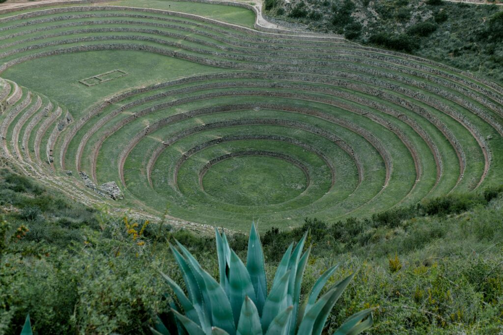 Terraced circular Inca ruins at Moray in the Sacred Valley of Peru