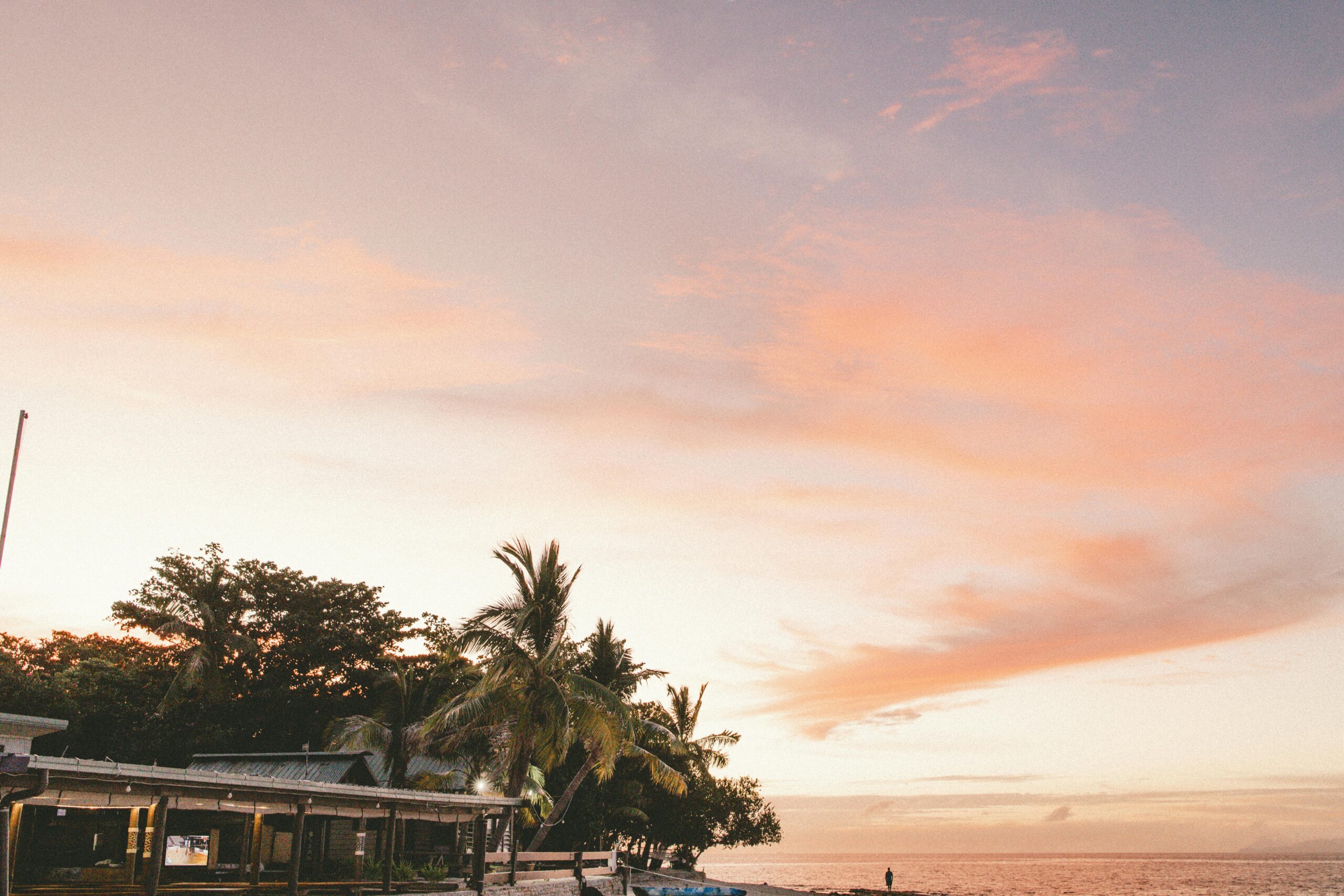 Coastal Fijian village with wooden houses and palm trees on Vanua Levu Island